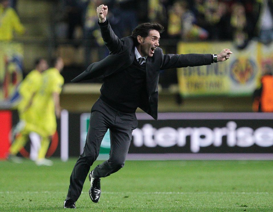 Villarreal's coach Marcelino Garcia Toral celebrates a goal during the UEFA Europa League semifinals first leg football match Villarreal CF vs Liverpool FC at El Madrigal stadium in Vila-real on April 28, 2016. / AFP PHOTO / JOSE JORDANJOSE JORDAN/AFP/Getty Images