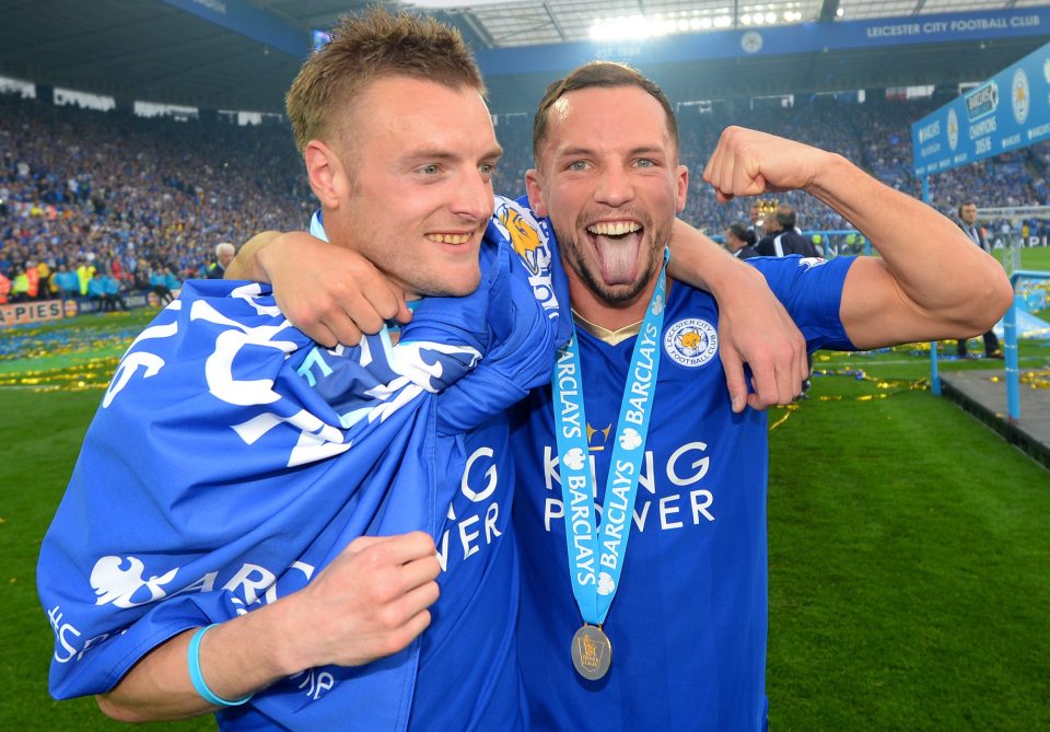 Danny Drinkwater celebrates with striker Jamie Vardy after Leicester win the Premier League