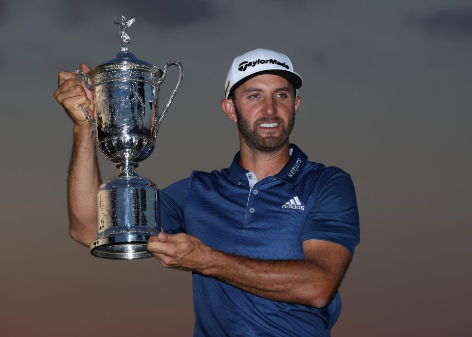 Dustin Johnson celebrates his triumph at Oakmont ahead of Lee Westwood