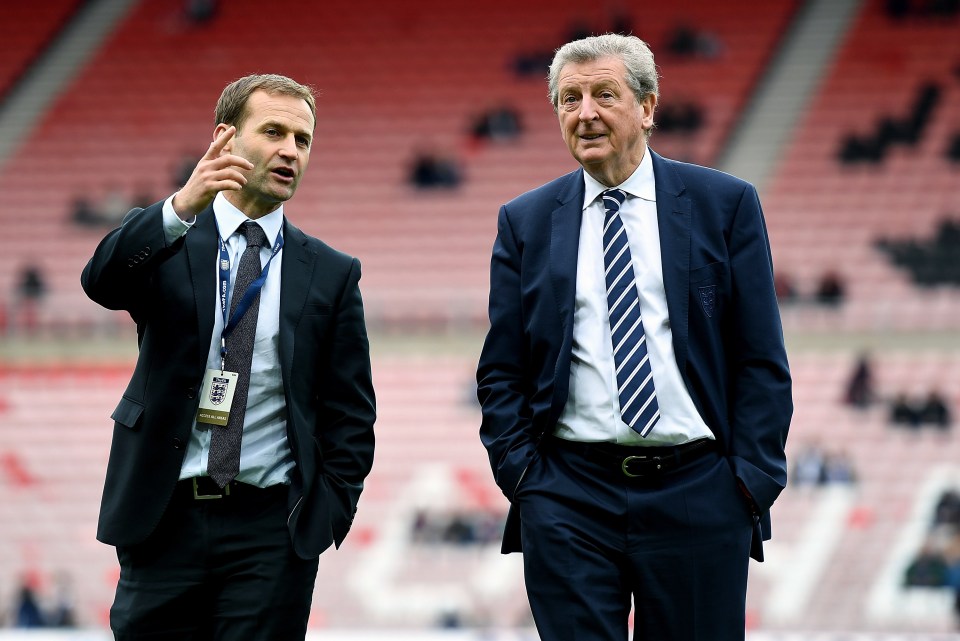 SUNDERLAND, ENGLAND - MAY 27: England manager Roy Hodgson speaks with FA Director of Elite Development Dan Ashworth ahead of the International Friendly match between England and Australia at Stadium of Light on May 27, 2016 in Sunderland, England. (Photo by Michael Regan - The FA/The FA via Getty Images)