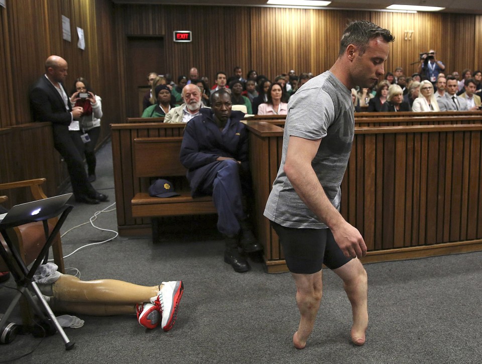 Oscar Pistorius was forced to take off his prosthetics to demonstrate how well he could move around