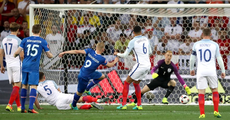  Another clanger...Hart lets Iceland's Kolbeinn Sigthorsson's shoot through his hands