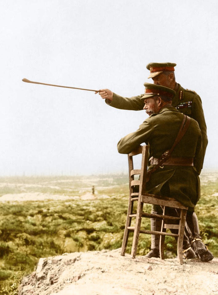  King George V sitting next to an army commander, Thiepval, France on the site where Thiepval Chateau once stood