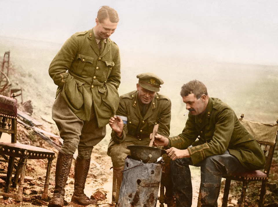  Three officers making themselves comfortable, near Miraumont-le-Grand, France. Steel helmets had many more uses than the War Office might have intended