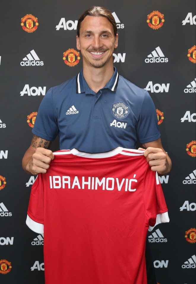 MANCHESTER, ENGLAND - JULY 01: (MINIMUM FEES APPLY - MINIMUM PRINT/BROADCAST FEE OF 150 GBP, ONLINE FEE OF 75 GBP, OR LOCAL EQUIVALENT) (EXCLUSIVE COVERAGE) Zlatan Ibrahimovic of Manchester United poses after signing for the club at Aon Training Complex on July 1, 2016 in Manchester, England. (Photo by John Peters/Man Utd via Getty Images)