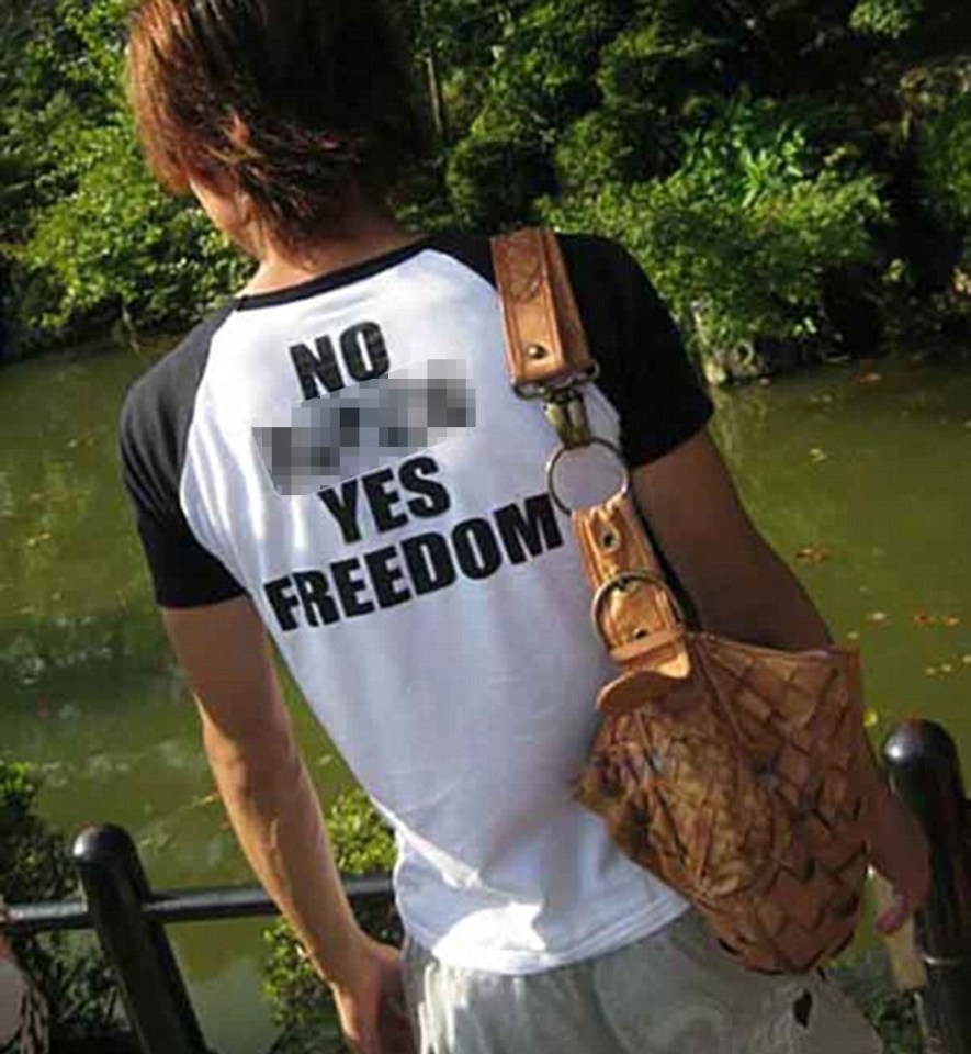  This T-shirt reads 'no b**** yes freedom'