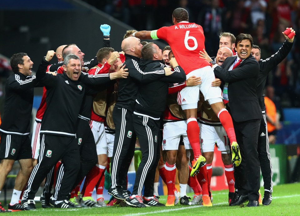  Williams celebrated his rare goal with the Welsh squad and staff