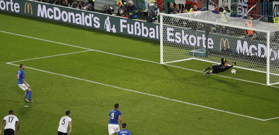 Italy's Leonardo Bonucci, left,, celebrates with his teammates after scoring his side's first goal during the Euro 2016 quarterfinal soccer match between Germany and Italy, at the Nouveau Stade in Bordeaux, France, Saturday, July 2, 2016. (AP Photo/Michael Sohn)