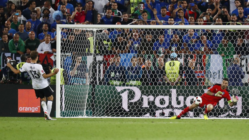  Thomas Muller sees his penalty saved by Gianluigi Buffon in quarter-final