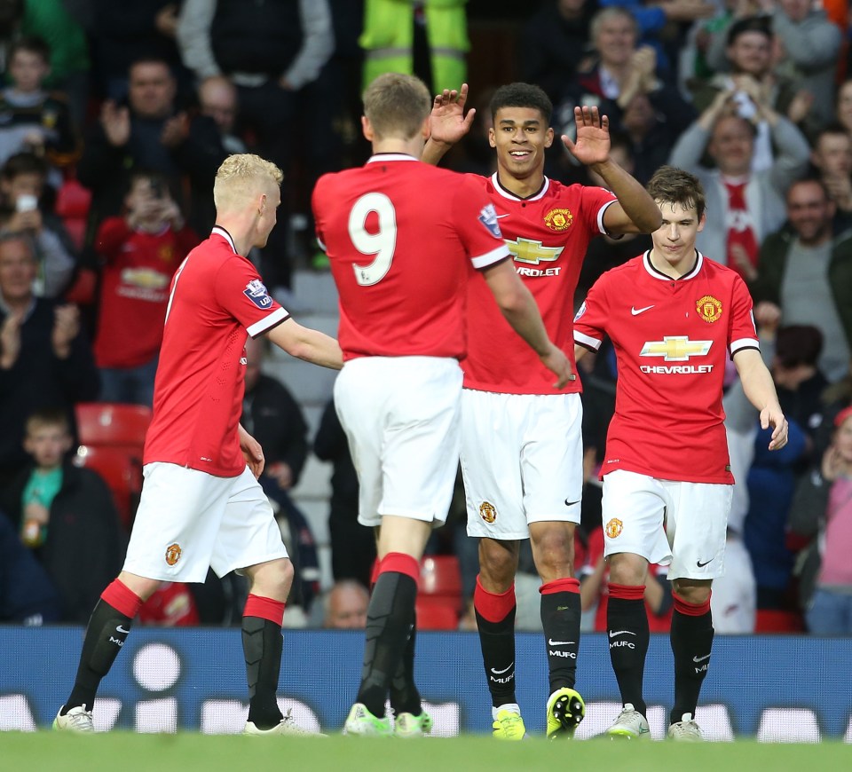  Ashley Fletcher celebrates after scoring for Man United against Man City in the under-21 Premier League clash at Old Trafford