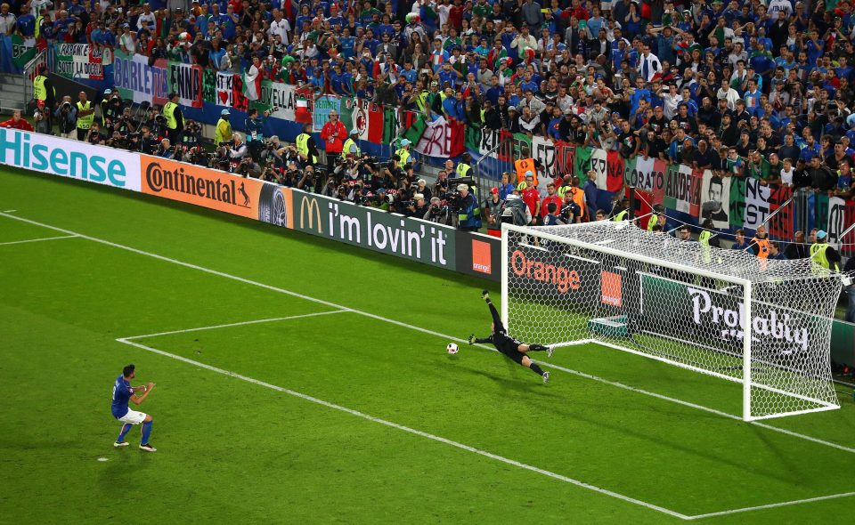 Graziano Pelle fires a ball wide of of Manuel Neuer's post as Germany beat Italy on penalties