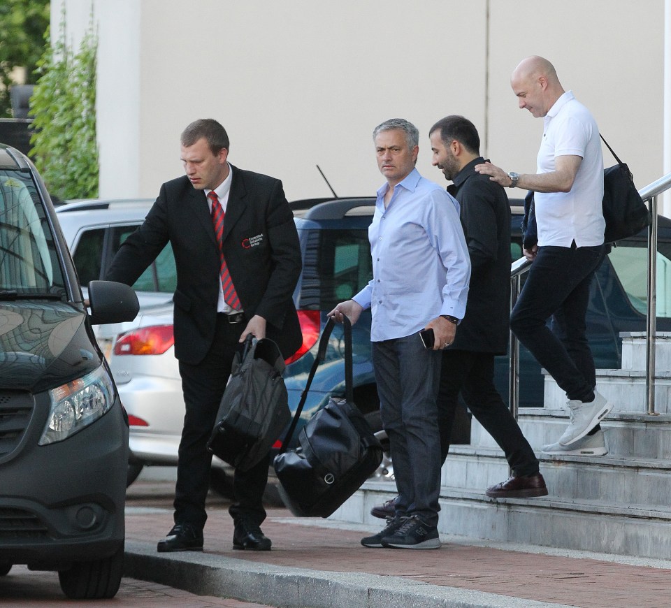  The first day at work for Jose Mourinho at Manchester United as he leaves The Lowry Hotel ay 7.50am with his entourage after arriving in the city at midnight on the train