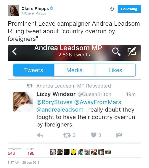  Andrea Leadsom is caught up in an extremism row thanks to a message she retweeted