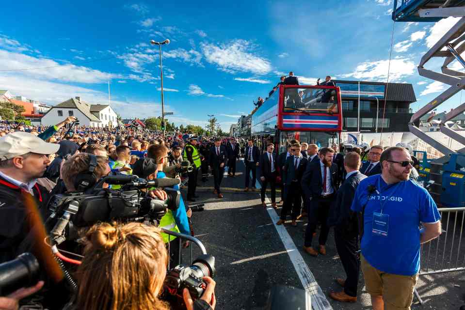  Iceland Fans queue up for a glimpse of their national treasures on an open-top bus