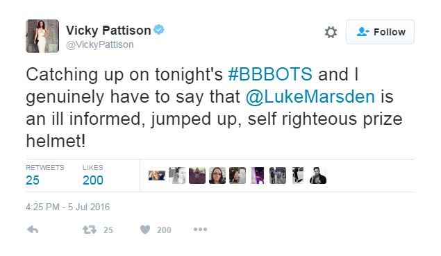 Vicky hit out at Luke Marsden on Twitter 