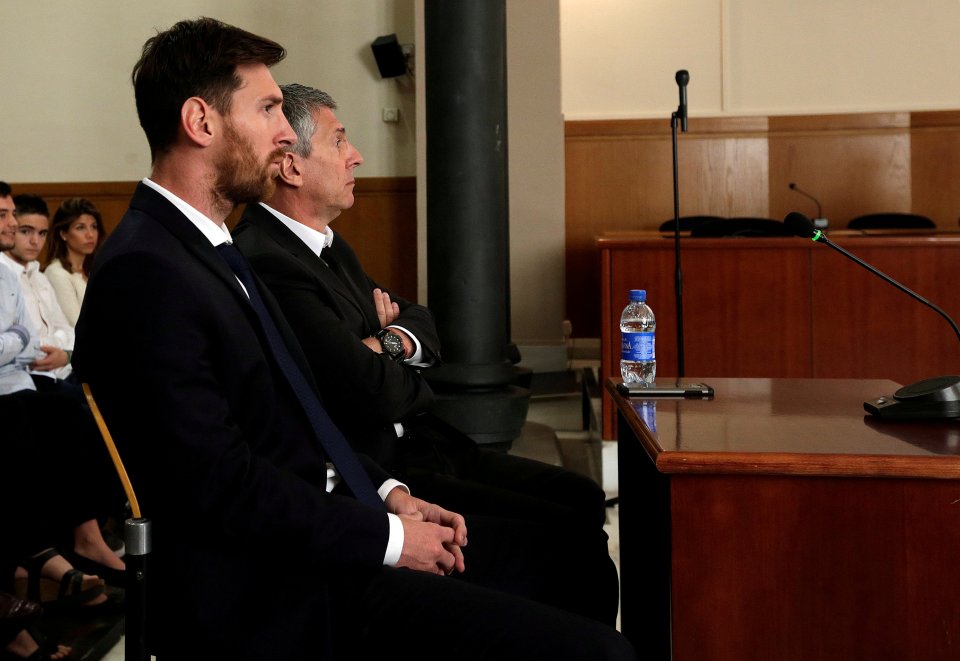 Lionel Messi sits in court with his father Jorge Horacio Messi during their trial for tax fraud in Barcelona with his father last month