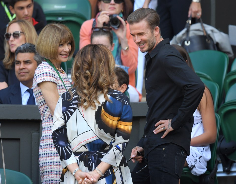 David Beckham talks with Roger Federer's wife Mirka and Vogue boss Anna Wintour