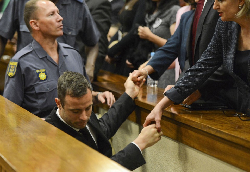 Family clutched at Pistorius as he was led away after the paralympian was told he would spend the next six years in jail