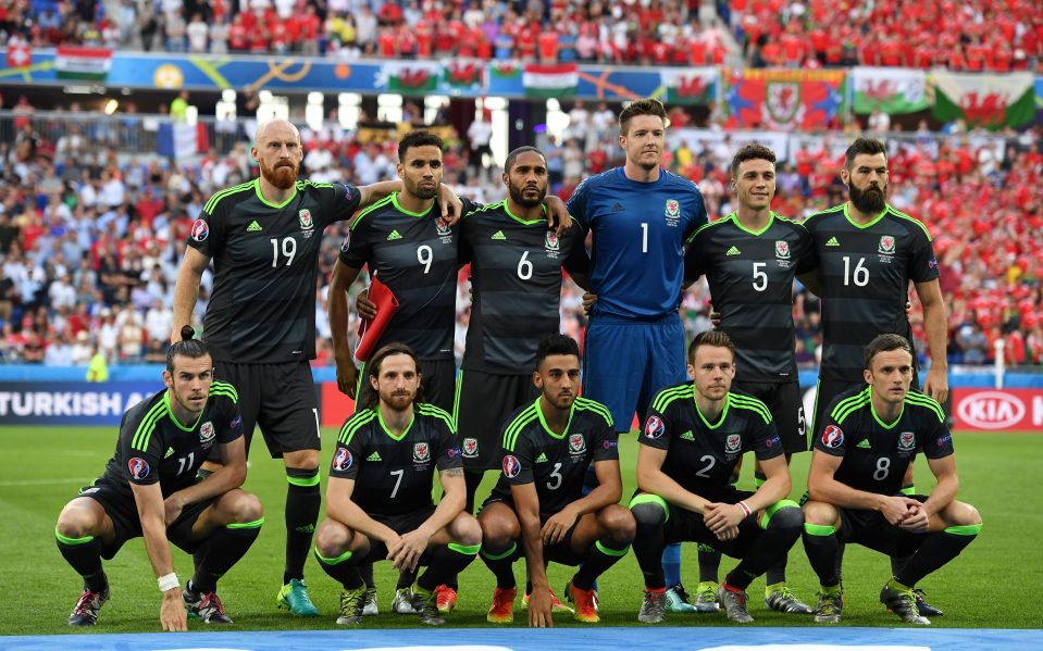  The Wales team line up ahead of their Euro 2016 semi-final with Portugal