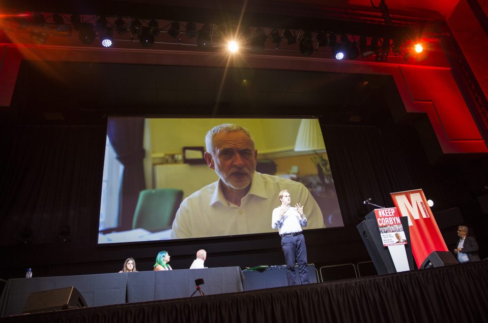  Jeremy Corbyn speaks via video to a Momentum rally following the publication of the Chilcot Inquiry report