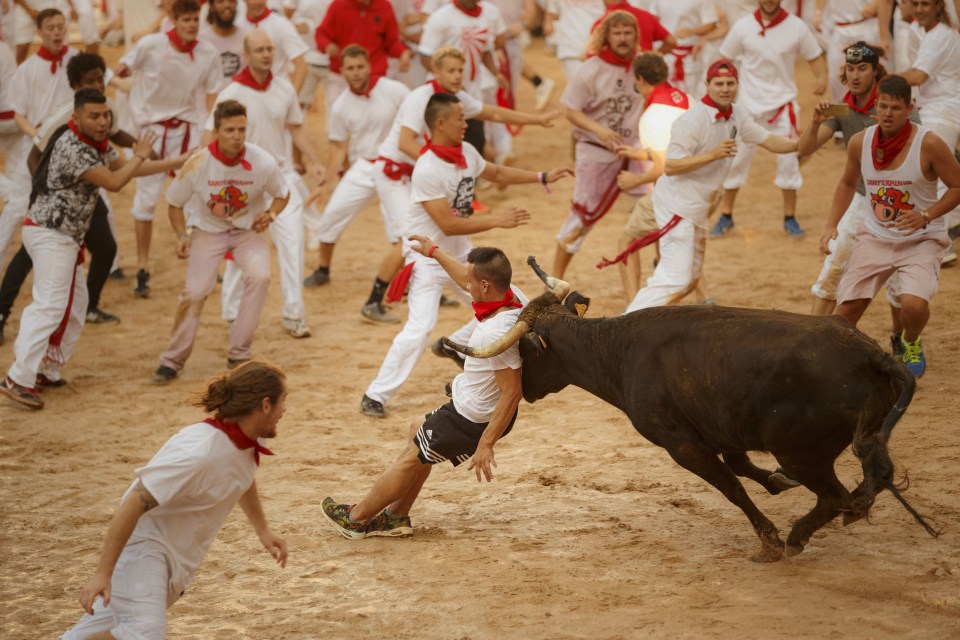  One of the adrenaline-junkees is charged by a bull during the race, which doesn't even last three minutes