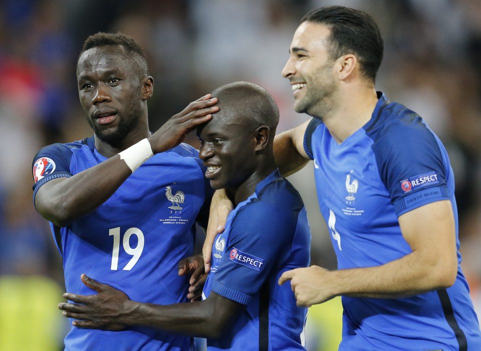 France trio Bacary Sagna, Kante and Adil Rami celebrate semi-final victory over Germany before the hosts suffered a 1-0 extra-time defeat against Portugal on Sunday night in Paris 