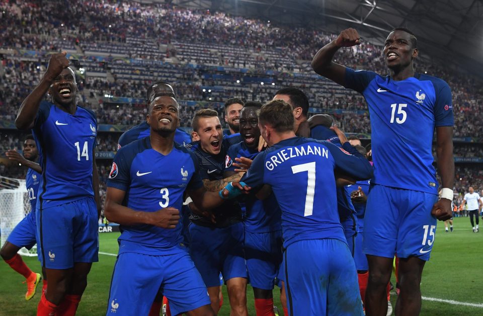  Patrice Evra leads the French celebrations as they reach Euro 2016 final