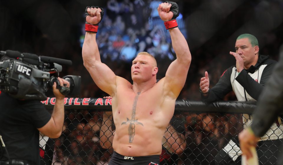 Brock Lesnar celebrates his win over Mark Hunt last weekend