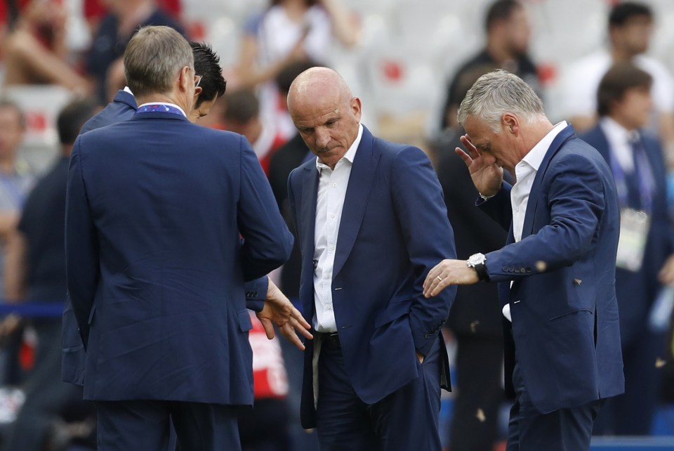  Didier Deschamps takes evading action from the moths at the Stade de France