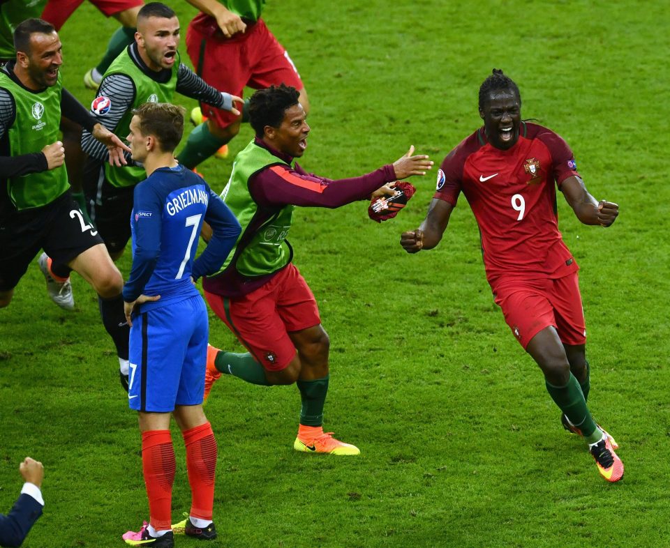  Eder wheels away in delight after his extra-time opener for Portugal