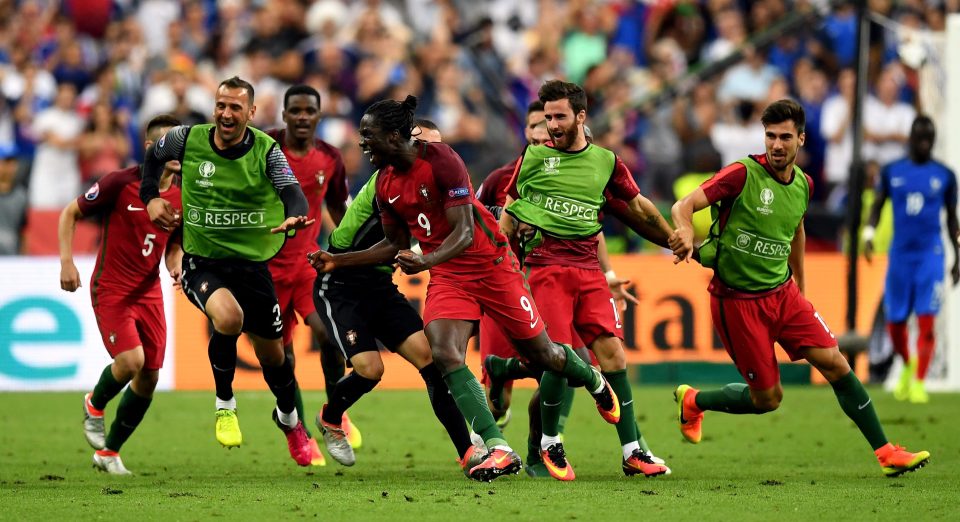 Portugal mob match-winner Eder after his 109th minute clincher against hosts France