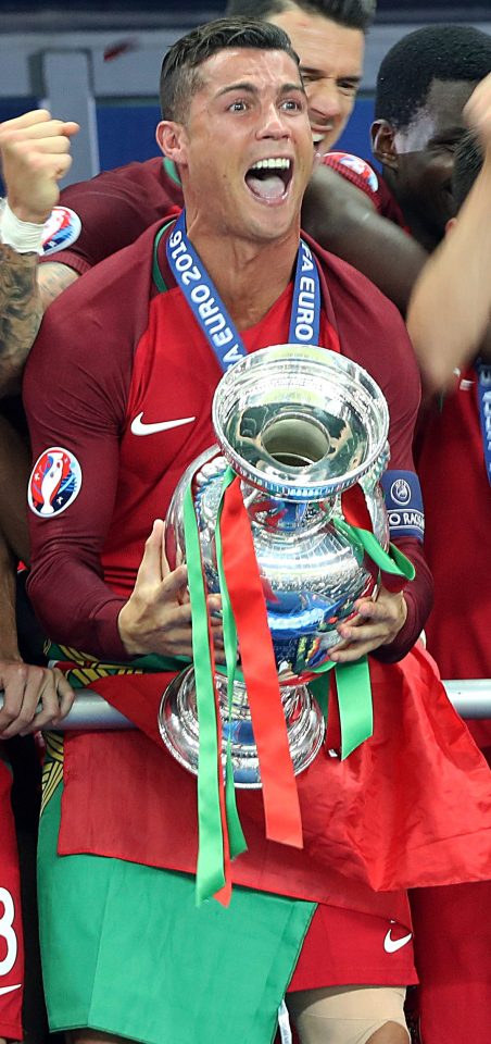 Cristiano Ronaldo celebrates winning Euro 2016 with Portugal in July