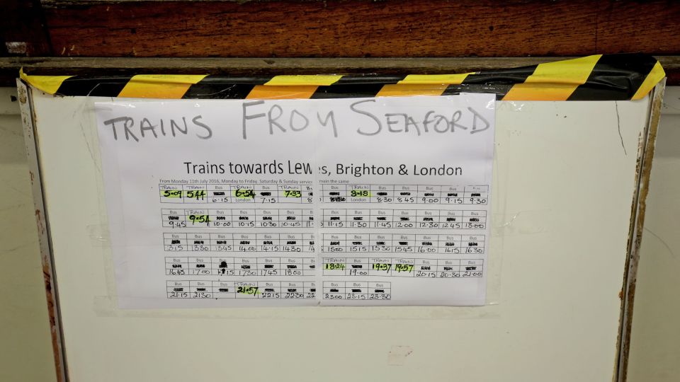  A notice board at Seaford Station on the first day of the reduced emergency timetable on Southern Railways