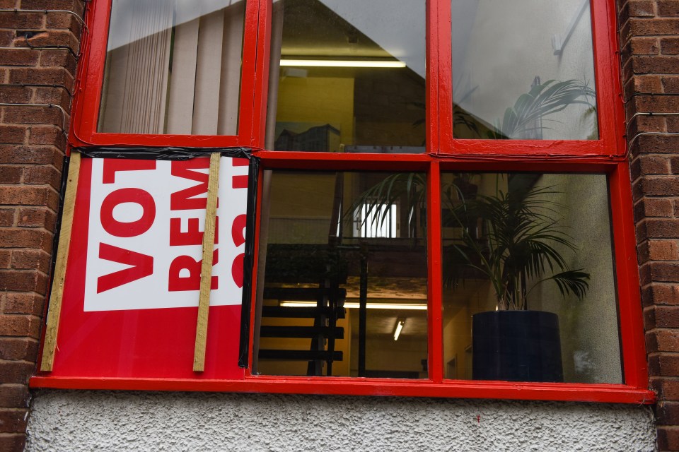  A Vote Remain banner is being used as a temporary fix on the broken window at Angela Eagle's constituency office