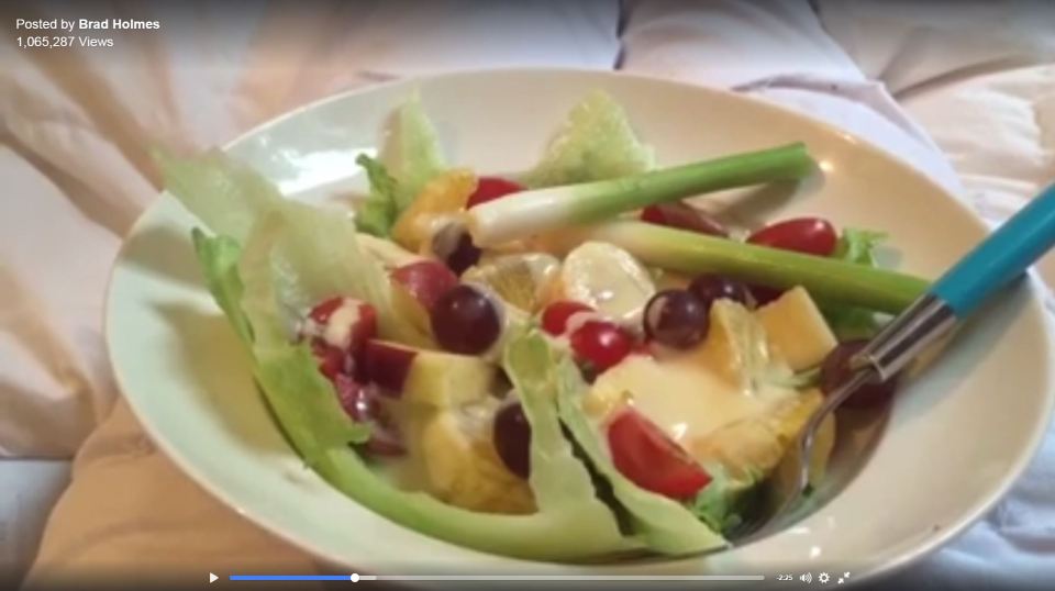  After asking Jenny to make him a fruit salad he found it hilarious when she brought him fruit with salad