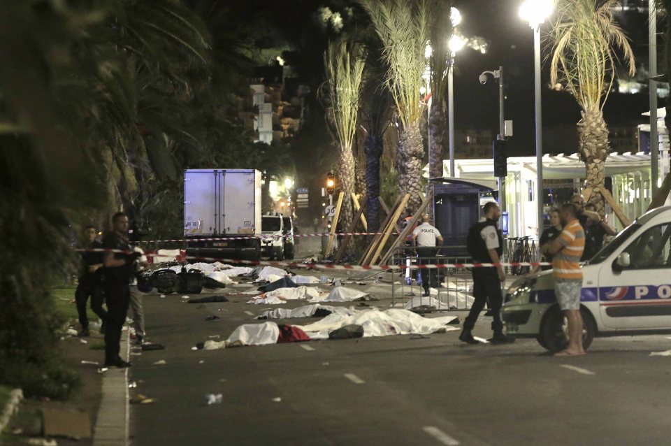  Victims' bodies lay in the street awaiting identification in Nice, France