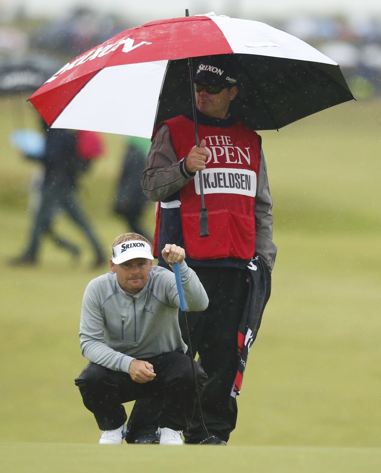 Soren Kjeldsen takes a look at a putt on the 13th at Royal Troon