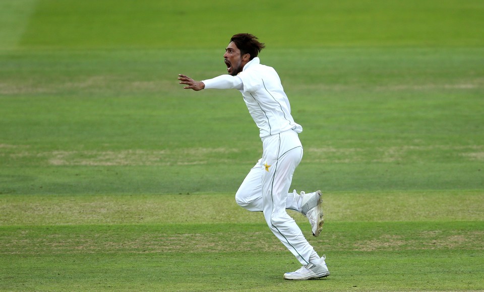 Amir celebrates wildly after getting his first wicket since returning to international cricket