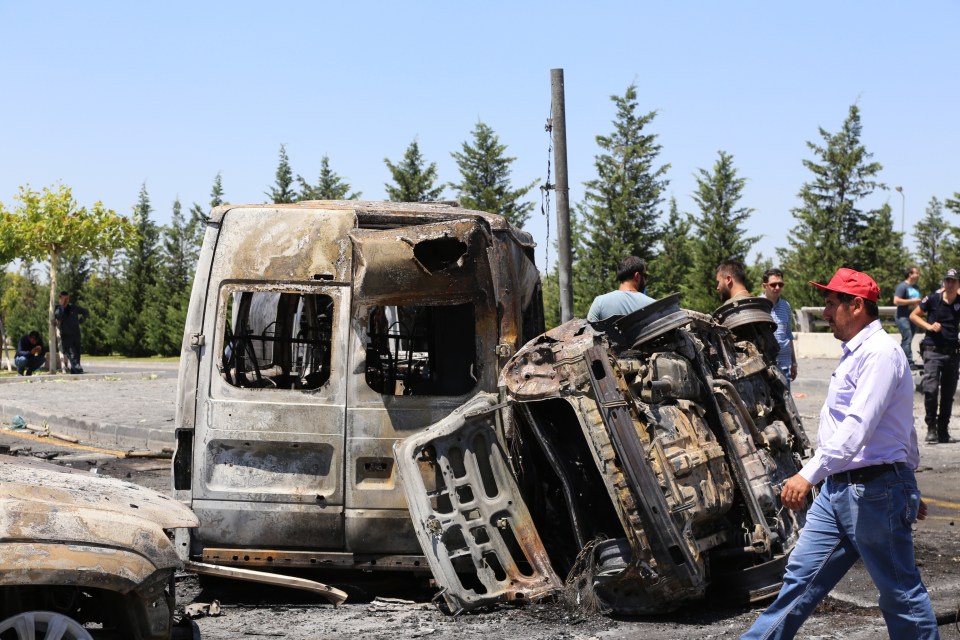 The aftermath of the first night of the attempted military coup revealed brunt out vehicles and damaged buildings