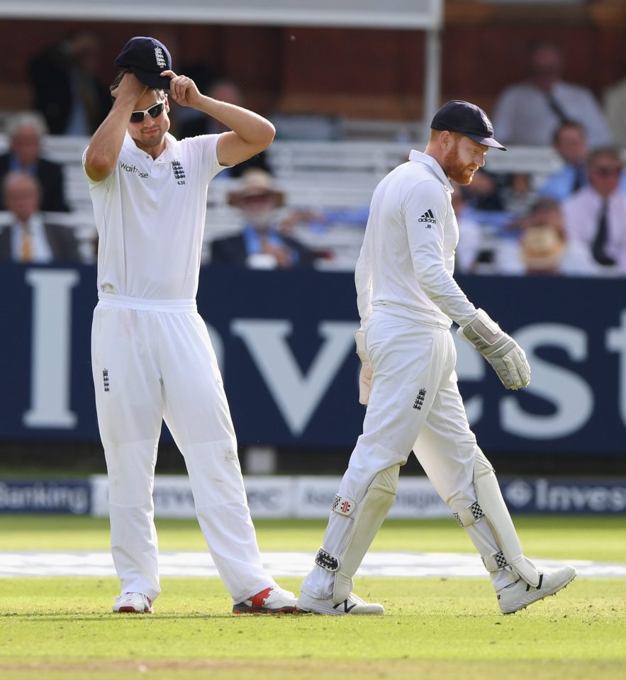 Alastair Cook reacts after wicketkeeper Jonny Bairstow drops a catch off Steven Finn during the series opener