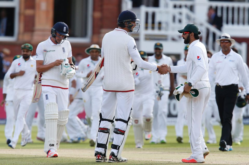 Pakistan captain Misbah-ul-Haq congratulates his team after an impressive victory at the home of cricket 