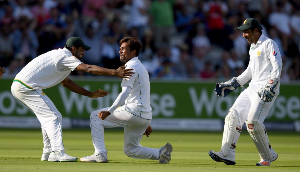 Pakistan bowler Mohammad Amir leads celebrations after bowling Jake Ball to clinch a 75-run victory inside four days