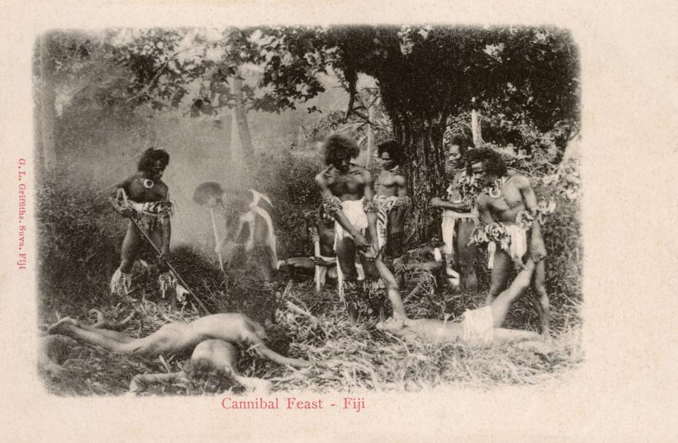 A Cannibal feast, Fiji - I feel somewhat as if there are a few actors employed here!!! Date: circa 1906