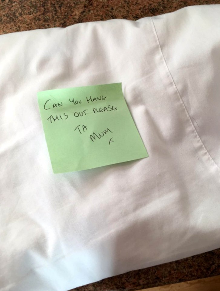  A mum left her son a note to asking him to 'hang this out please' and put it on top of a shirt