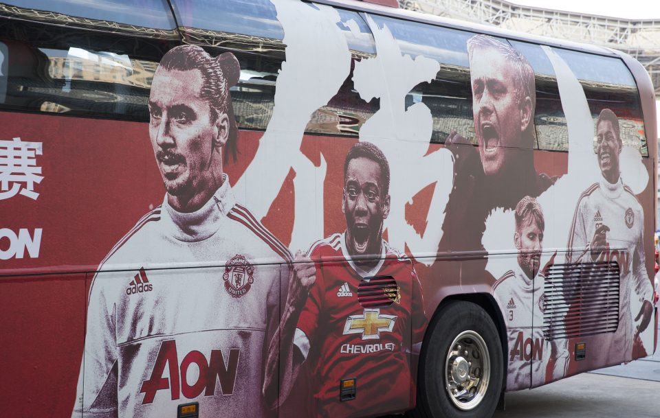 The Manchester United bus has Zlatan and Martial on the side