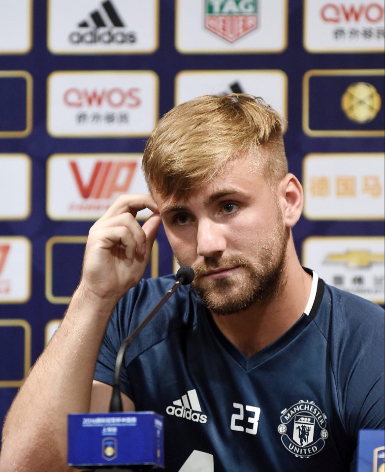 Luke Shaw talks to the media during United's press conference in Shanghai