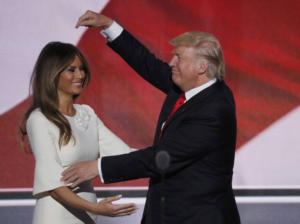  Moral support... Melania Trump appears on stage after her husband's speech at the Republican National Convention in Cleveland