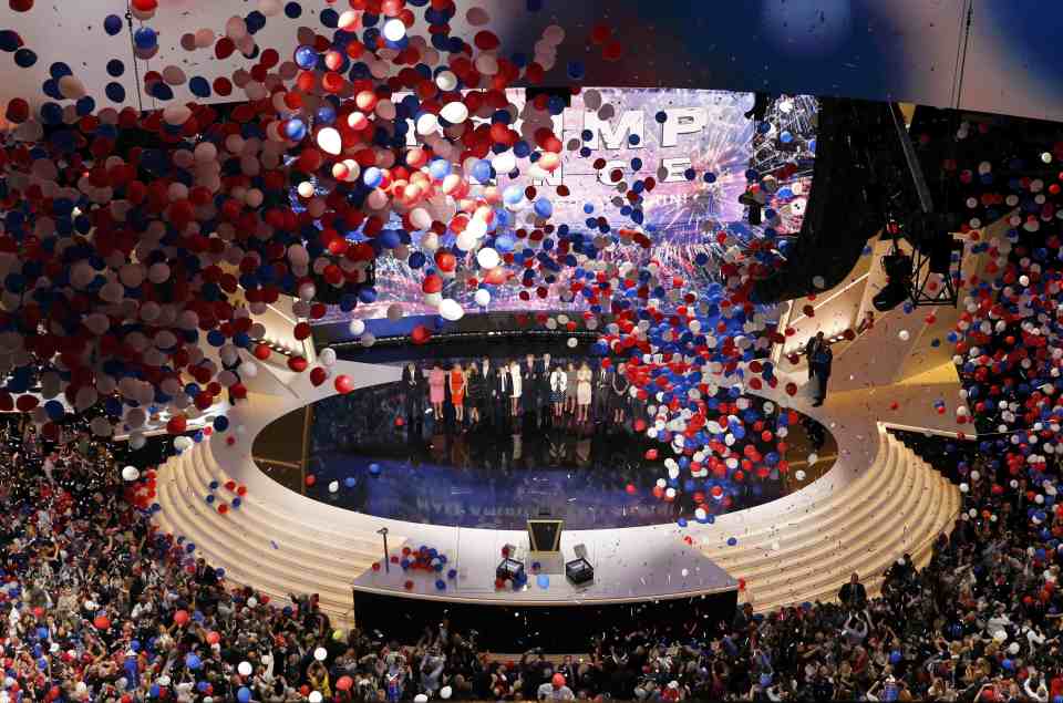  U.S. Republican Presidential Nominee Donald Trump and his family are showered with confetti and balloons on stage