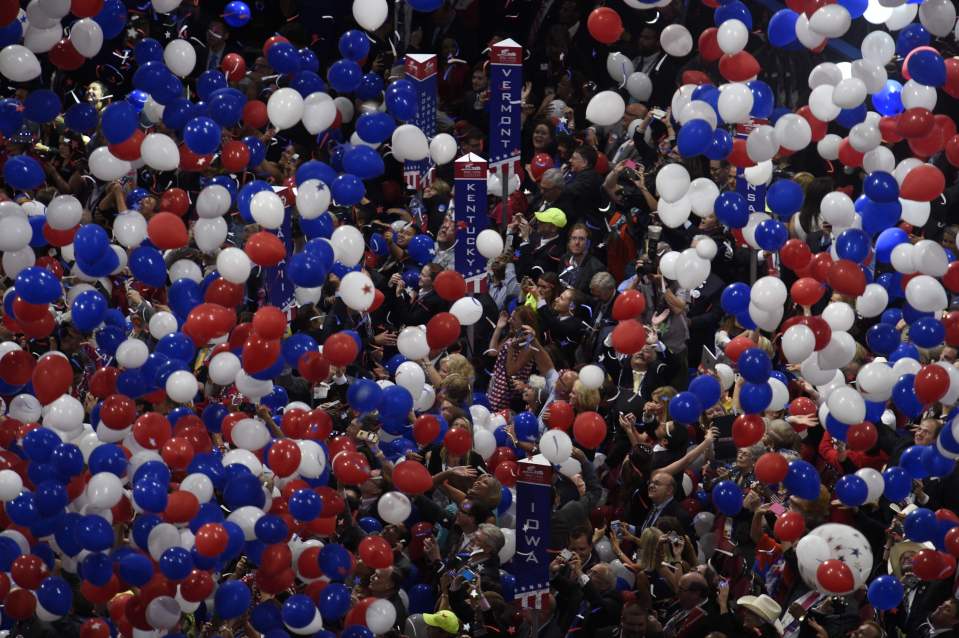  Balloons descend on the delegates as the family of Republican presidential candidate Donald Trump appears on stage