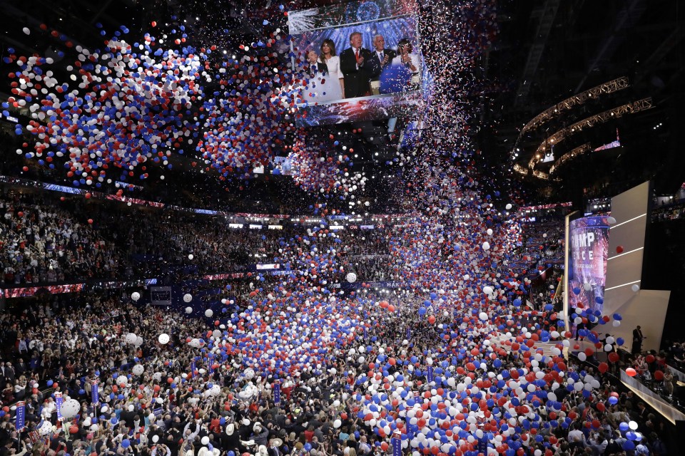  Party time... Confetti and balloons fall during celebrations after Republican presidential candidate Donald Trump's acceptance speech